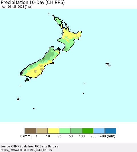 New Zealand Precipitation 10-Day (CHIRPS) Thematic Map For 4/16/2023 - 4/25/2023