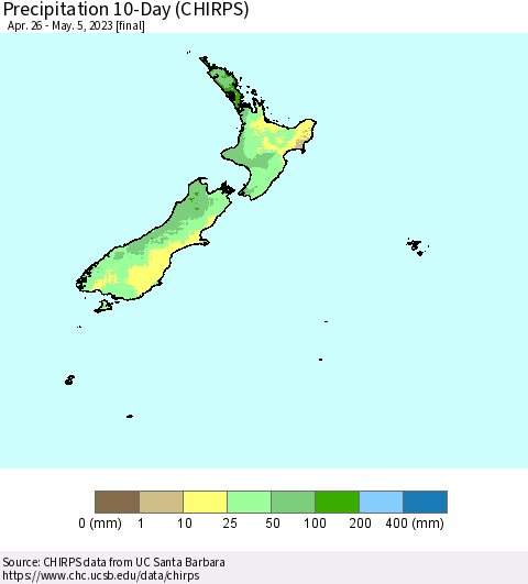 New Zealand Precipitation 10-Day (CHIRPS) Thematic Map For 4/26/2023 - 5/5/2023