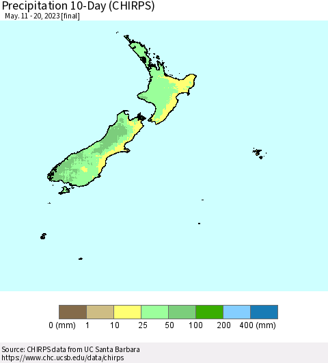 New Zealand Precipitation 10-Day (CHIRPS) Thematic Map For 5/11/2023 - 5/20/2023