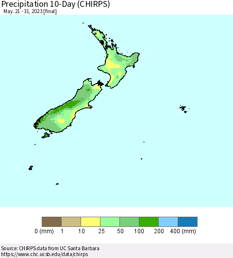 New Zealand Precipitation 10-Day (CHIRPS) Thematic Map For 5/21/2023 - 5/31/2023