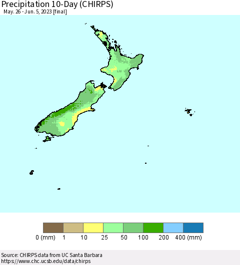 New Zealand Precipitation 10-Day (CHIRPS) Thematic Map For 5/26/2023 - 6/5/2023