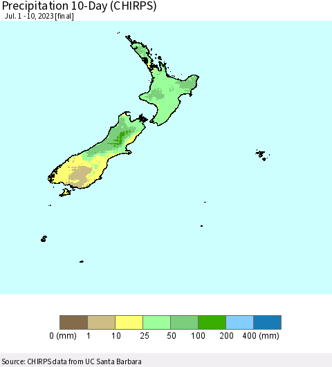 New Zealand Precipitation 10-Day (CHIRPS) Thematic Map For 7/1/2023 - 7/10/2023