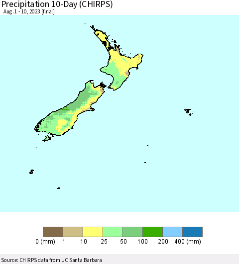 New Zealand Precipitation 10-Day (CHIRPS) Thematic Map For 8/1/2023 - 8/10/2023