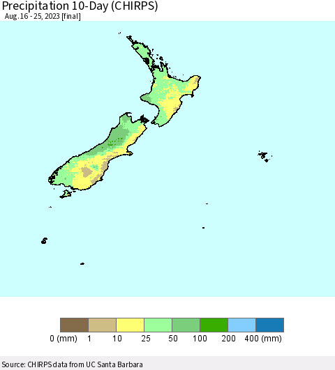 New Zealand Precipitation 10-Day (CHIRPS) Thematic Map For 8/16/2023 - 8/25/2023