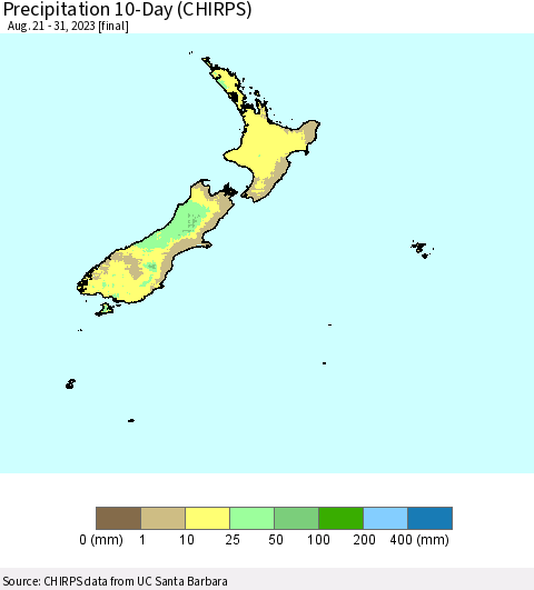 New Zealand Precipitation 10-Day (CHIRPS) Thematic Map For 8/21/2023 - 8/31/2023