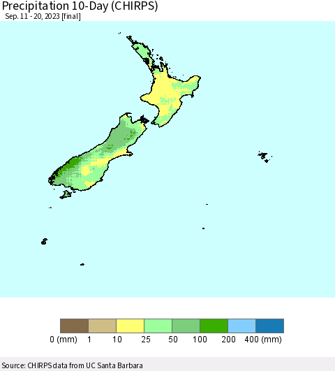 New Zealand Precipitation 10-Day (CHIRPS) Thematic Map For 9/11/2023 - 9/20/2023