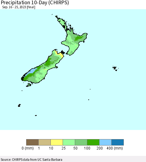 New Zealand Precipitation 10-Day (CHIRPS) Thematic Map For 9/16/2023 - 9/25/2023