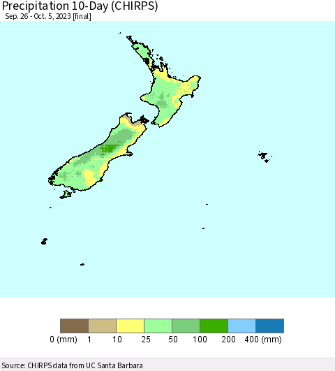 New Zealand Precipitation 10-Day (CHIRPS) Thematic Map For 9/26/2023 - 10/5/2023