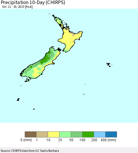 New Zealand Precipitation 10-Day (CHIRPS) Thematic Map For 10/11/2023 - 10/20/2023