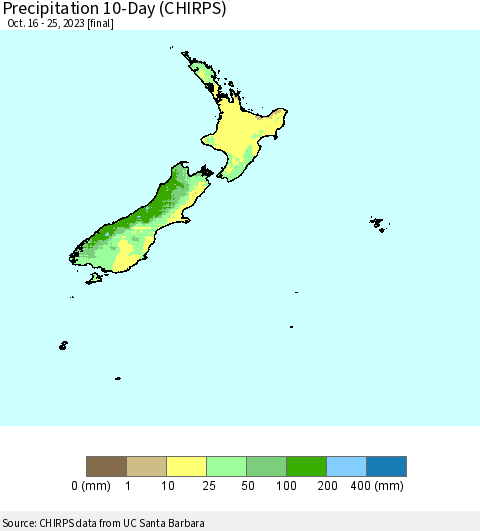New Zealand Precipitation 10-Day (CHIRPS) Thematic Map For 10/16/2023 - 10/25/2023