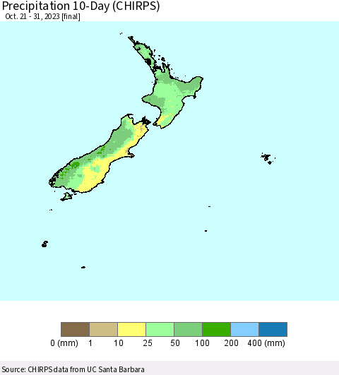 New Zealand Precipitation 10-Day (CHIRPS) Thematic Map For 10/21/2023 - 10/31/2023