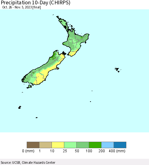 New Zealand Precipitation 10-Day (CHIRPS) Thematic Map For 10/26/2023 - 11/5/2023