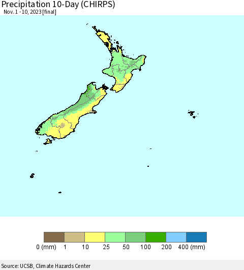 New Zealand Precipitation 10-Day (CHIRPS) Thematic Map For 11/1/2023 - 11/10/2023