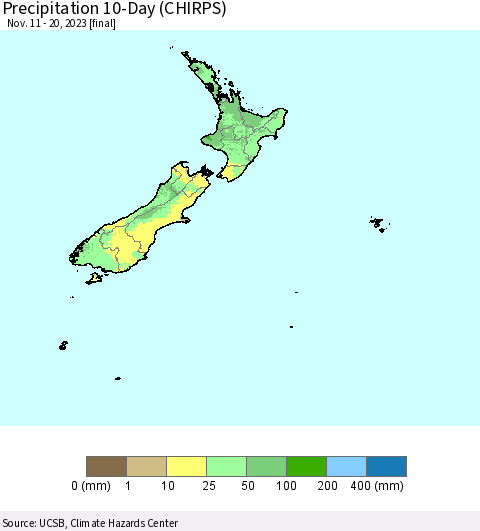 New Zealand Precipitation 10-Day (CHIRPS) Thematic Map For 11/11/2023 - 11/20/2023