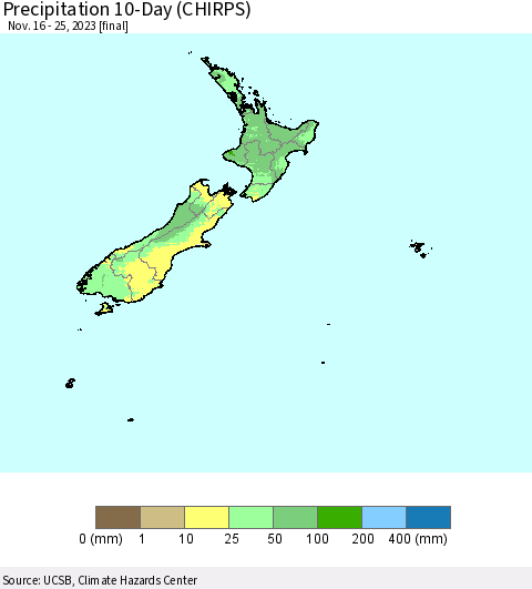 New Zealand Precipitation 10-Day (CHIRPS) Thematic Map For 11/16/2023 - 11/25/2023