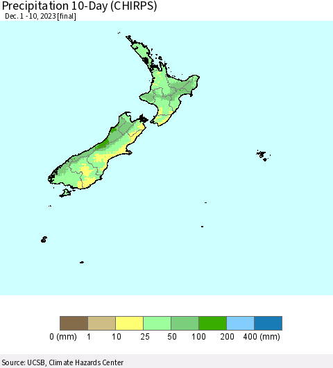 New Zealand Precipitation 10-Day (CHIRPS) Thematic Map For 12/1/2023 - 12/10/2023
