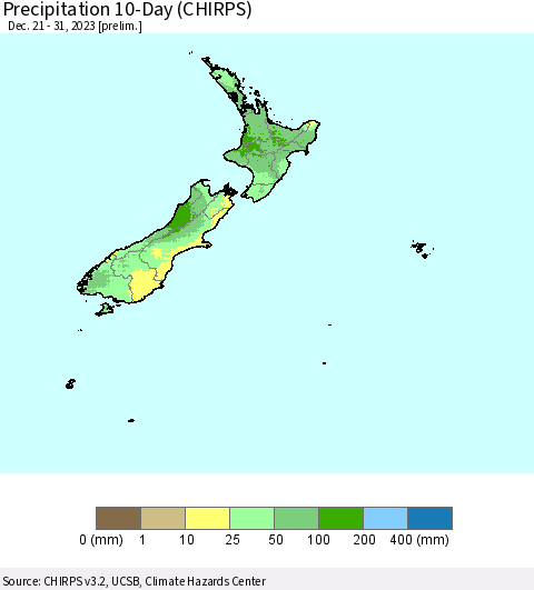 New Zealand Precipitation 10-Day (CHIRPS) Thematic Map For 12/21/2023 - 12/31/2023