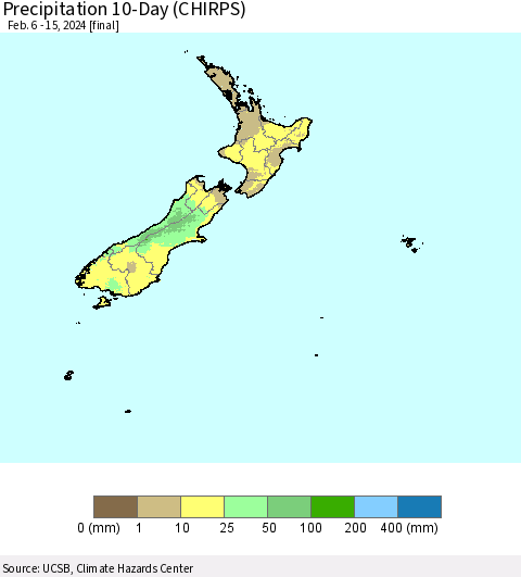 New Zealand Precipitation 10-Day (CHIRPS) Thematic Map For 2/6/2024 - 2/15/2024