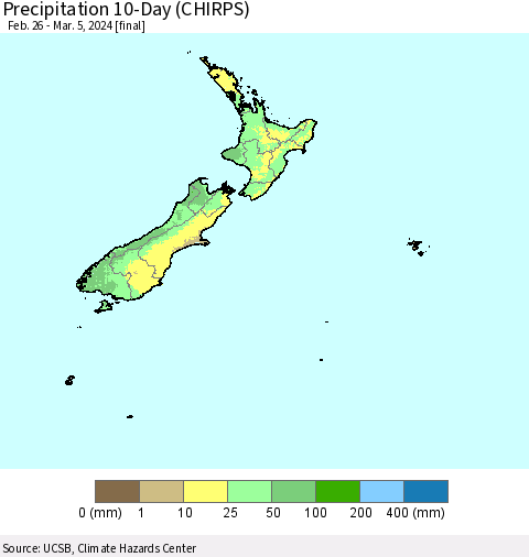 New Zealand Precipitation 10-Day (CHIRPS) Thematic Map For 2/26/2024 - 3/5/2024