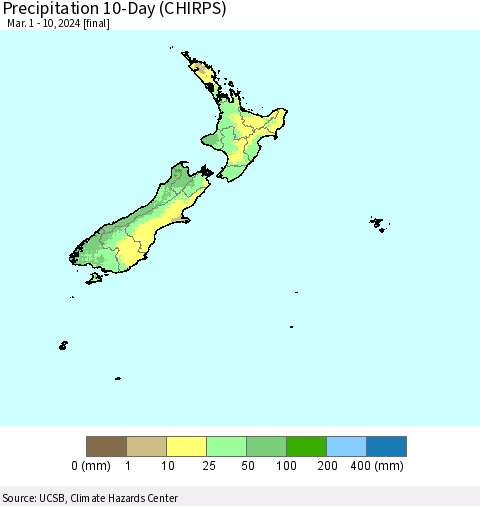 New Zealand Precipitation 10-Day (CHIRPS) Thematic Map For 3/1/2024 - 3/10/2024