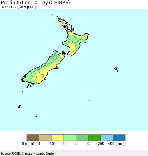 New Zealand Precipitation 10-Day (CHIRPS) Thematic Map For 3/11/2024 - 3/20/2024