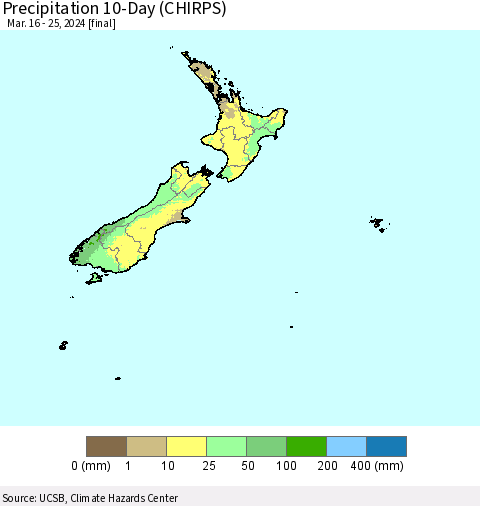 New Zealand Precipitation 10-Day (CHIRPS) Thematic Map For 3/16/2024 - 3/25/2024