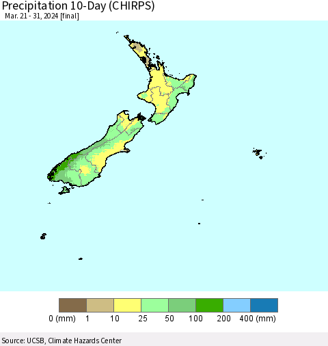 New Zealand Precipitation 10-Day (CHIRPS) Thematic Map For 3/21/2024 - 3/31/2024