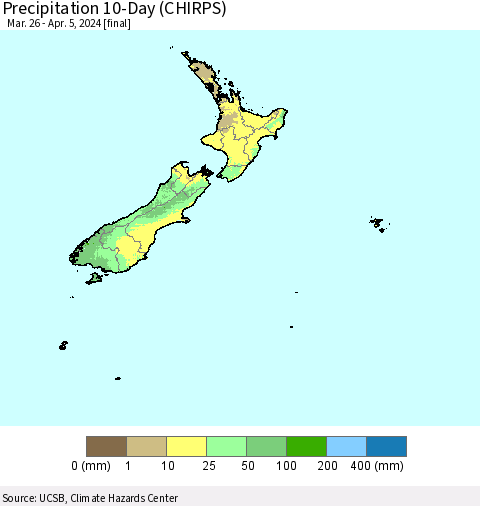 New Zealand Precipitation 10-Day (CHIRPS) Thematic Map For 3/26/2024 - 4/5/2024