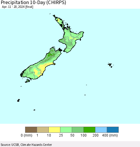 New Zealand Precipitation 10-Day (CHIRPS) Thematic Map For 4/11/2024 - 4/20/2024