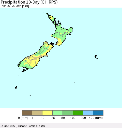 New Zealand Precipitation 10-Day (CHIRPS) Thematic Map For 4/16/2024 - 4/25/2024