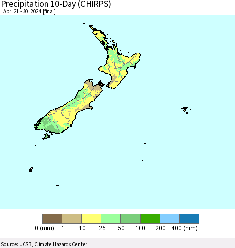 New Zealand Precipitation 10-Day (CHIRPS) Thematic Map For 4/21/2024 - 4/30/2024