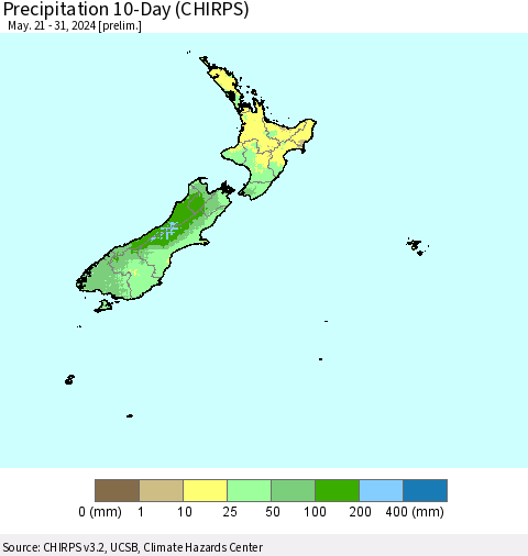 New Zealand Precipitation 10-Day (CHIRPS) Thematic Map For 5/21/2024 - 5/31/2024