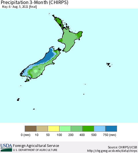 New Zealand Precipitation 3-Month (CHIRPS) Thematic Map For 5/6/2021 - 8/5/2021
