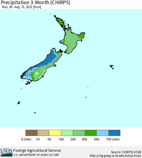 New Zealand Precipitation 3-Month (CHIRPS) Thematic Map For 5/26/2021 - 8/25/2021