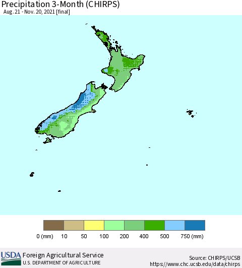 New Zealand Precipitation 3-Month (CHIRPS) Thematic Map For 8/21/2021 - 11/20/2021
