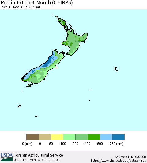 New Zealand Precipitation 3-Month (CHIRPS) Thematic Map For 9/1/2021 - 11/30/2021