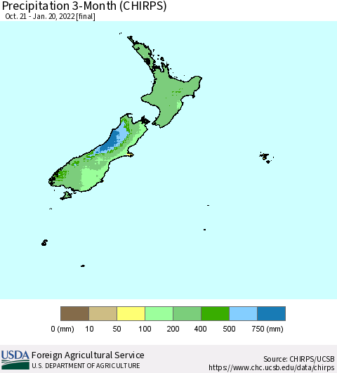 New Zealand Precipitation 3-Month (CHIRPS) Thematic Map For 10/21/2021 - 1/20/2022