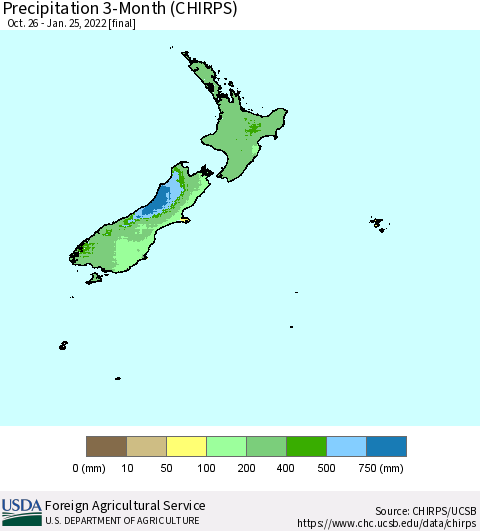 New Zealand Precipitation 3-Month (CHIRPS) Thematic Map For 10/26/2021 - 1/25/2022