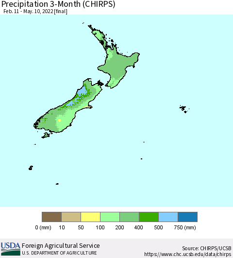 New Zealand Precipitation 3-Month (CHIRPS) Thematic Map For 2/11/2022 - 5/10/2022