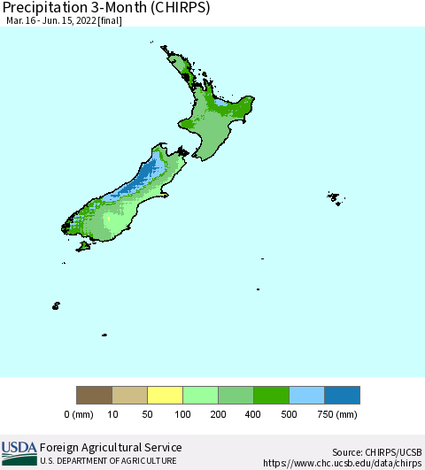 New Zealand Precipitation 3-Month (CHIRPS) Thematic Map For 3/16/2022 - 6/15/2022