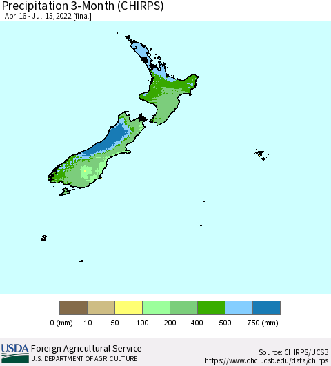 New Zealand Precipitation 3-Month (CHIRPS) Thematic Map For 4/16/2022 - 7/15/2022