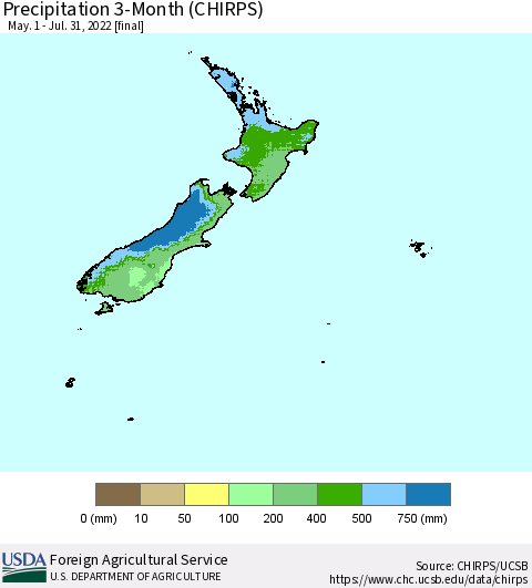 New Zealand Precipitation 3-Month (CHIRPS) Thematic Map For 5/1/2022 - 7/31/2022