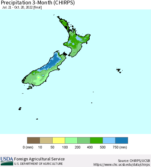 New Zealand Precipitation 3-Month (CHIRPS) Thematic Map For 7/21/2022 - 10/20/2022