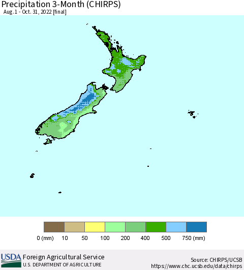 New Zealand Precipitation 3-Month (CHIRPS) Thematic Map For 8/1/2022 - 10/31/2022