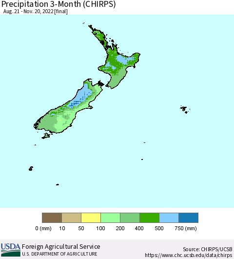New Zealand Precipitation 3-Month (CHIRPS) Thematic Map For 8/21/2022 - 11/20/2022