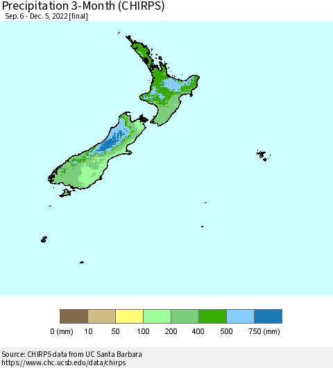 New Zealand Precipitation 3-Month (CHIRPS) Thematic Map For 9/6/2022 - 12/5/2022