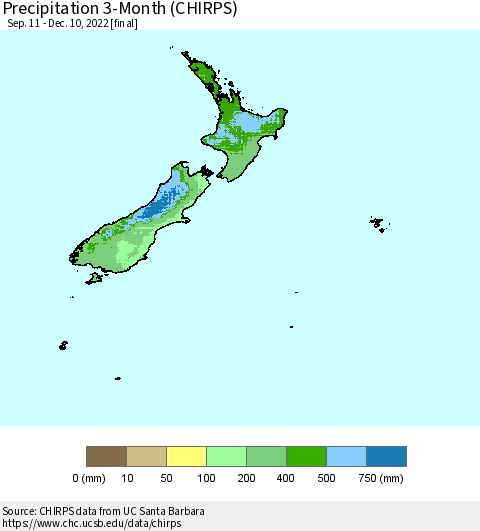 New Zealand Precipitation 3-Month (CHIRPS) Thematic Map For 9/11/2022 - 12/10/2022