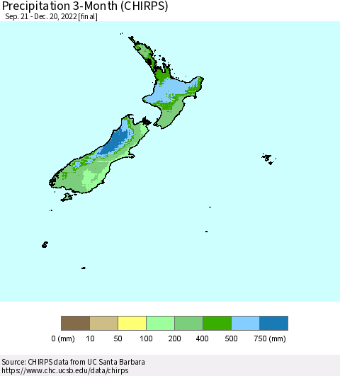 New Zealand Precipitation 3-Month (CHIRPS) Thematic Map For 9/21/2022 - 12/20/2022