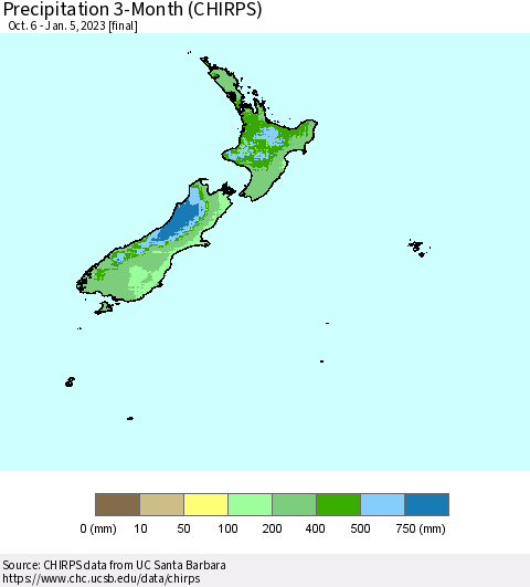 New Zealand Precipitation 3-Month (CHIRPS) Thematic Map For 10/6/2022 - 1/5/2023