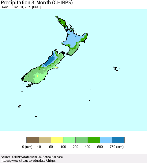 New Zealand Precipitation 3-Month (CHIRPS) Thematic Map For 11/1/2022 - 1/31/2023